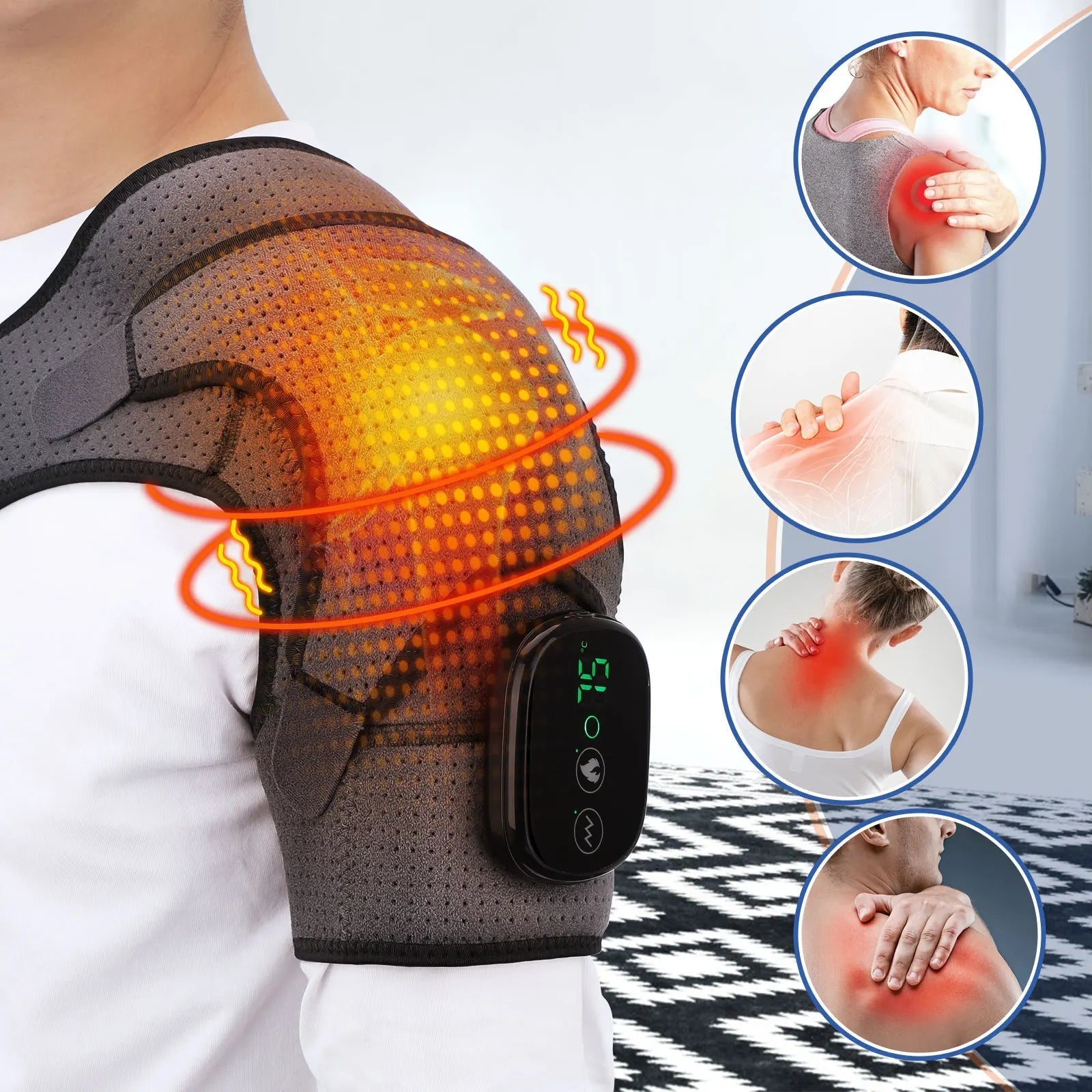 Rechargeable Cordless Shoulder Therapy Belt with Heat & Vibration – 3 Settings 40–75°C, LED Screen