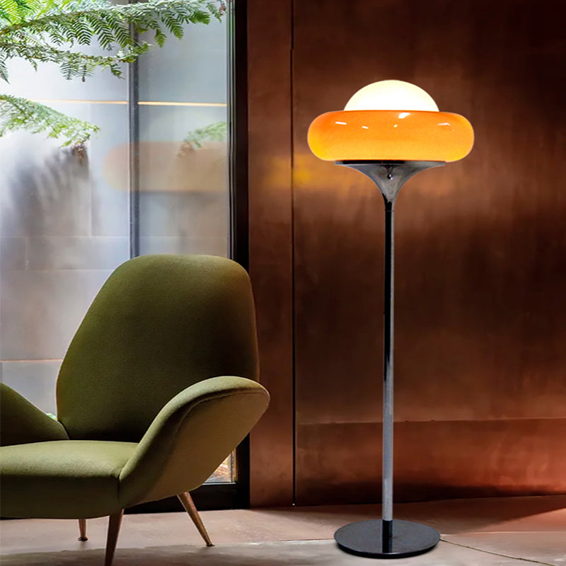 Taavita Mid-Century Floor Lamp made of chrome metal, brown glass, and opal