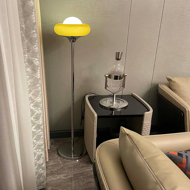 Taavita Mid-Century Floor Lamp made of chrome metal, brown glass, and opal