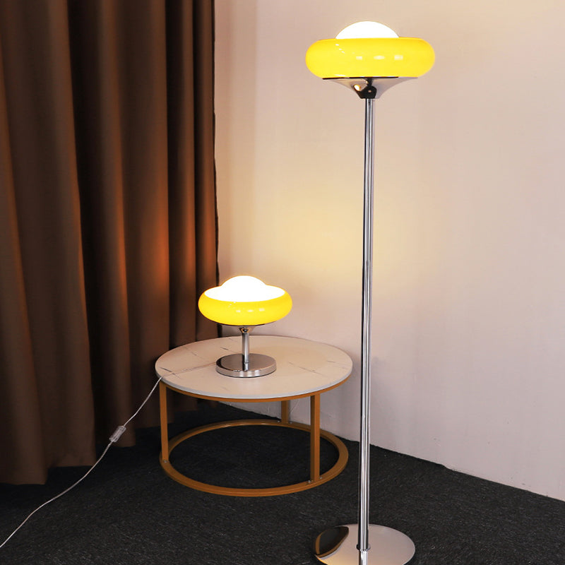 Taavita Mid-Century Floor Lamp made of chrome metal, brown glass, and opal