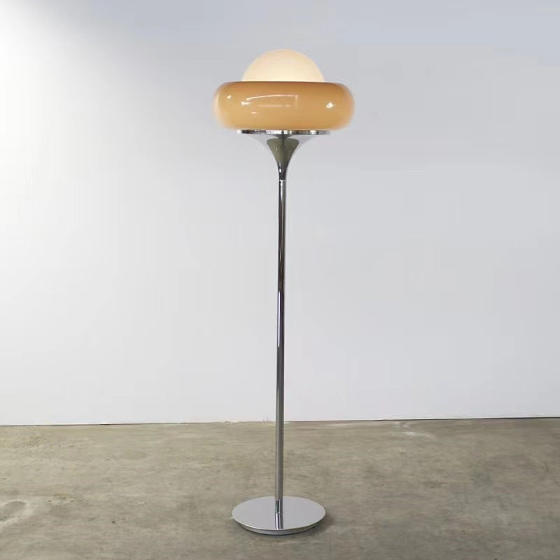 Taavita Mid-Century Floor Lamp made of chrome metal, brown glass, and opal