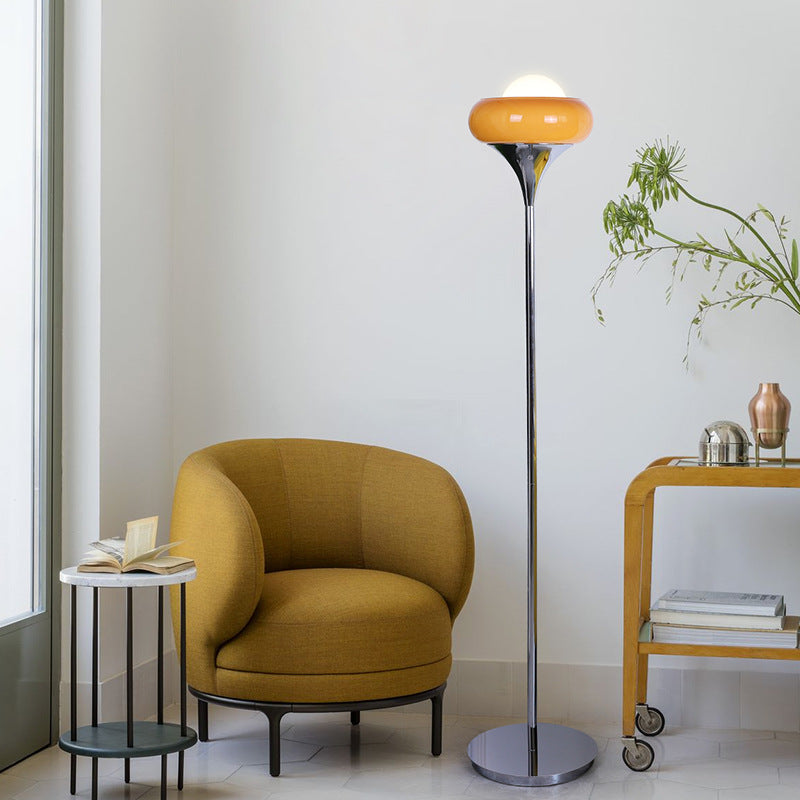 Taavita Mid-Century Floor Lamp made of chrome metal, brown glass, and opal
