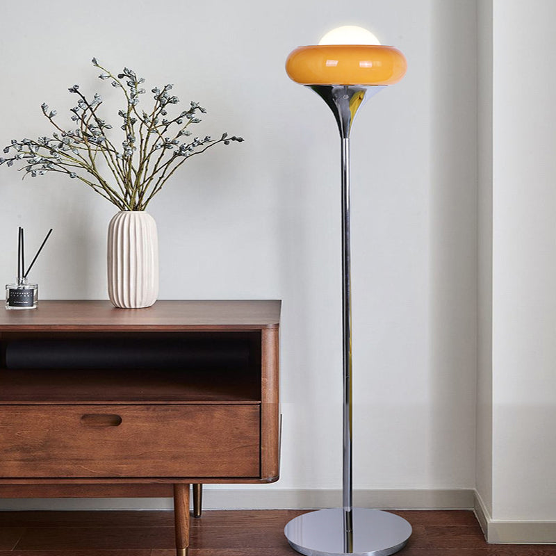 Taavita Mid-Century Floor Lamp made of chrome metal, brown glass, and opal