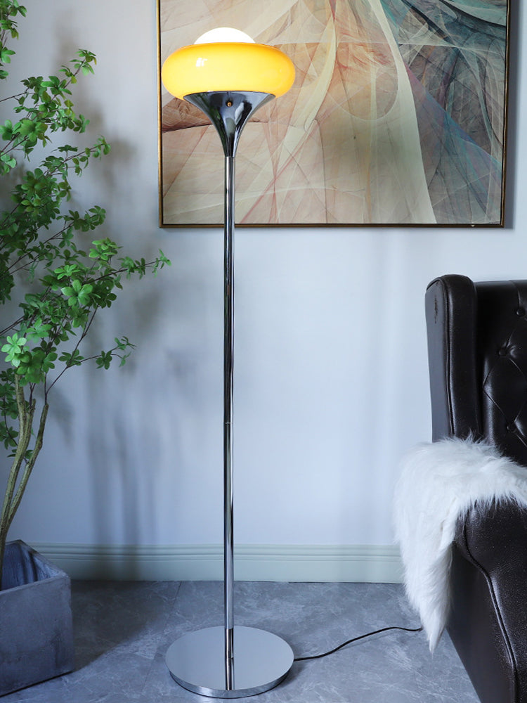 Taavita Mid-Century Floor Lamp made of chrome metal, brown glass, and opal