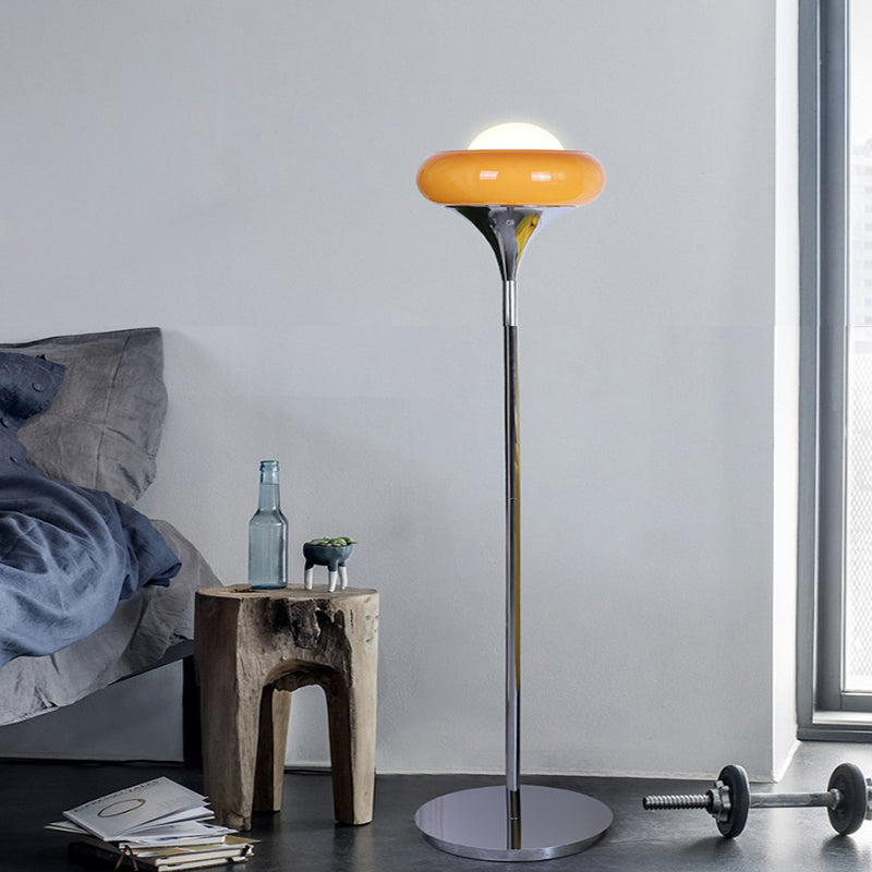 Taavita Mid-Century Floor Lamp made of chrome metal, brown glass, and opal
