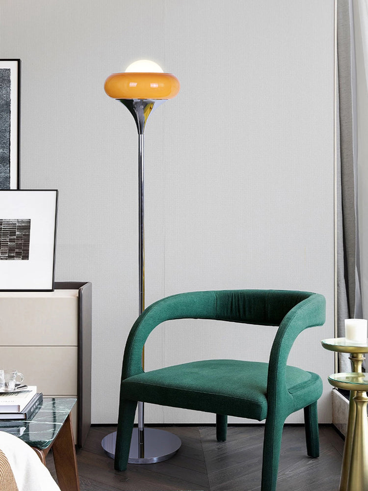 Taavita Mid-Century Floor Lamp made of chrome metal, brown glass, and opal
