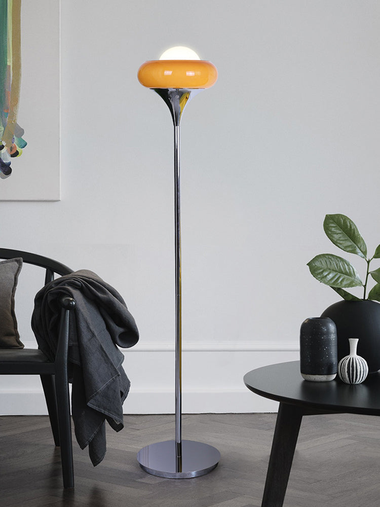 Taavita Mid-Century Floor Lamp made of chrome metal, brown glass, and opal
