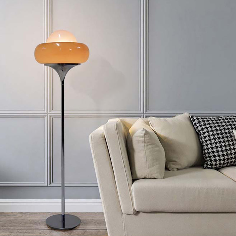 Taavita Mid-Century Floor Lamp made of chrome metal, brown glass, and opal