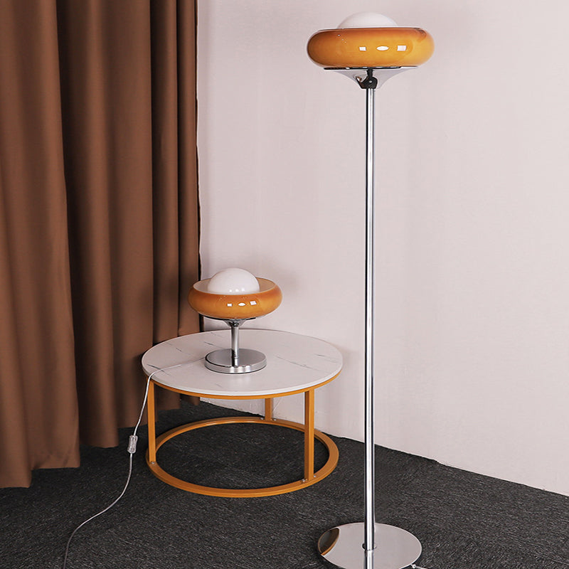 Taavita Mid-Century Floor Lamp made of chrome metal, brown glass, and opal
