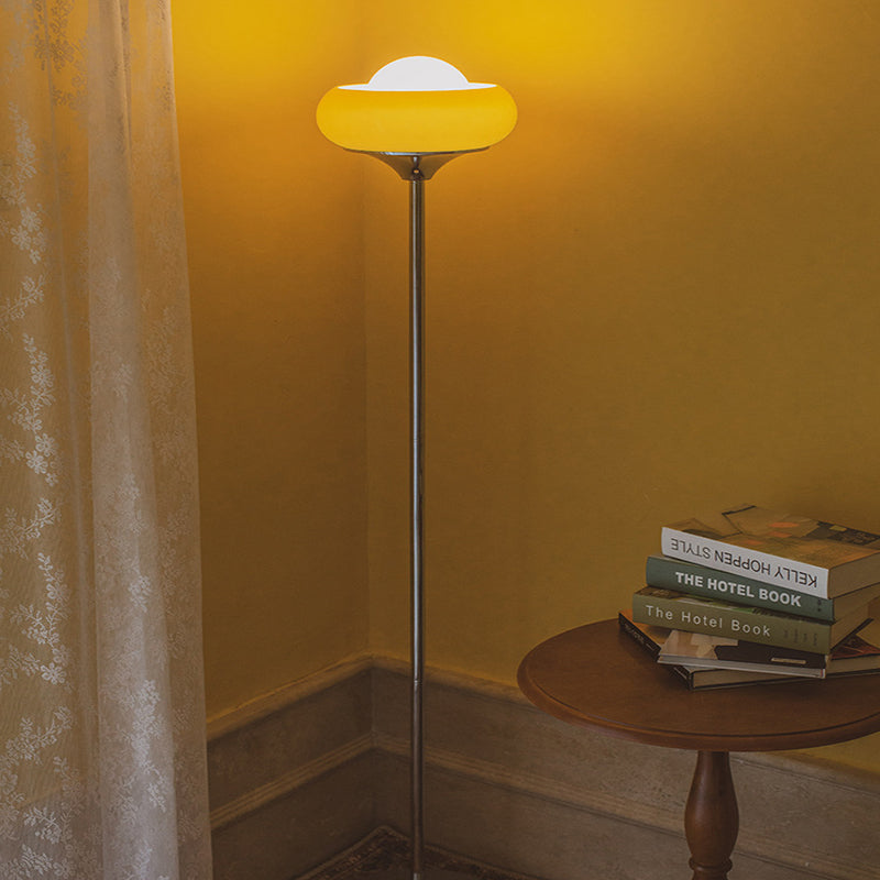 Taavita Mid-Century Floor Lamp made of chrome metal, brown glass, and opal