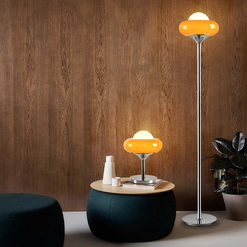 Taavita Mid-Century Floor Lamp made of chrome metal, brown glass, and opal