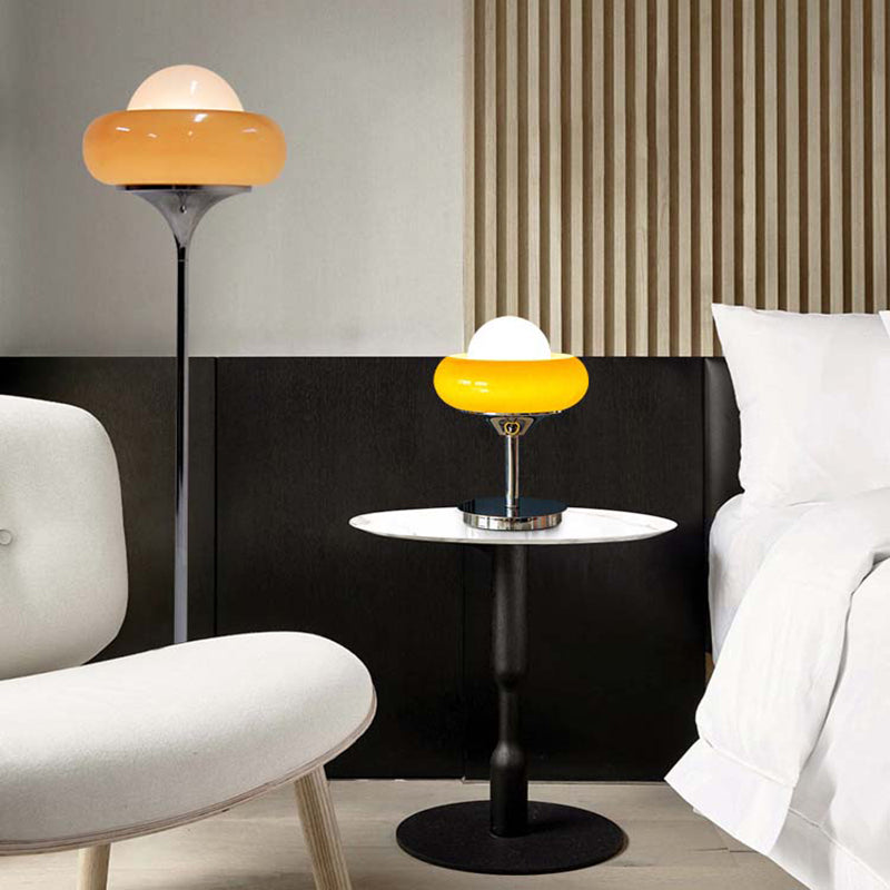 Taavita Mid-Century Floor Lamp made of chrome metal, brown glass, and opal