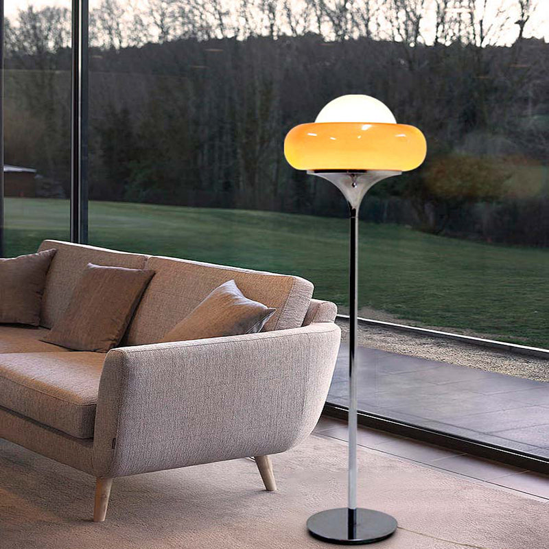 Taavita Mid-Century Floor Lamp made of chrome metal, brown glass, and opal