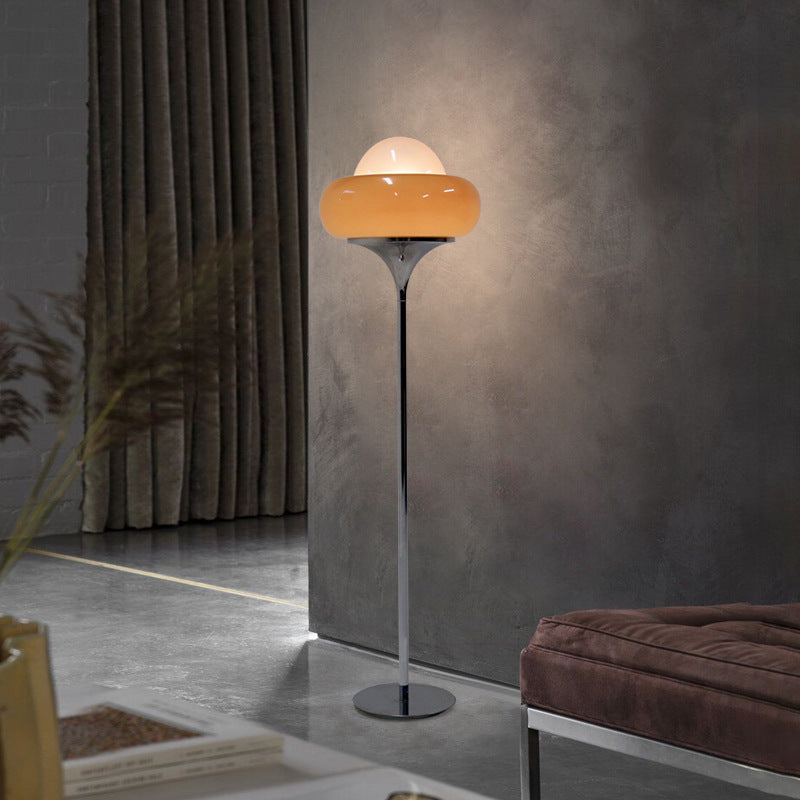 Taavita Mid-Century Floor Lamp made of chrome metal, brown glass, and opal