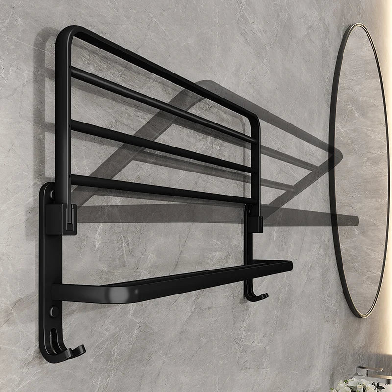 Wall-Mounted Towel Rack – Foldable Aluminium with Hooks, 49cm, Black