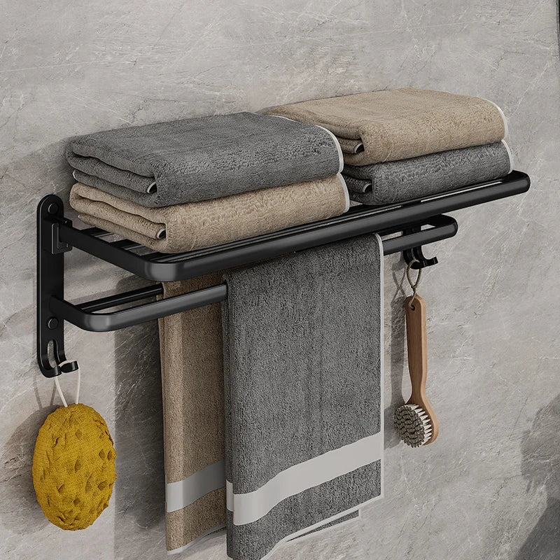 Wall-Mounted Towel Rack – Foldable Aluminium with Hooks, 49cm, Black