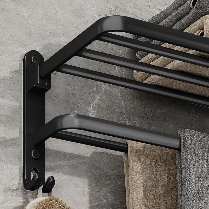 Wall-Mounted Towel Rack – Foldable Aluminium with Hooks, 49cm, Black