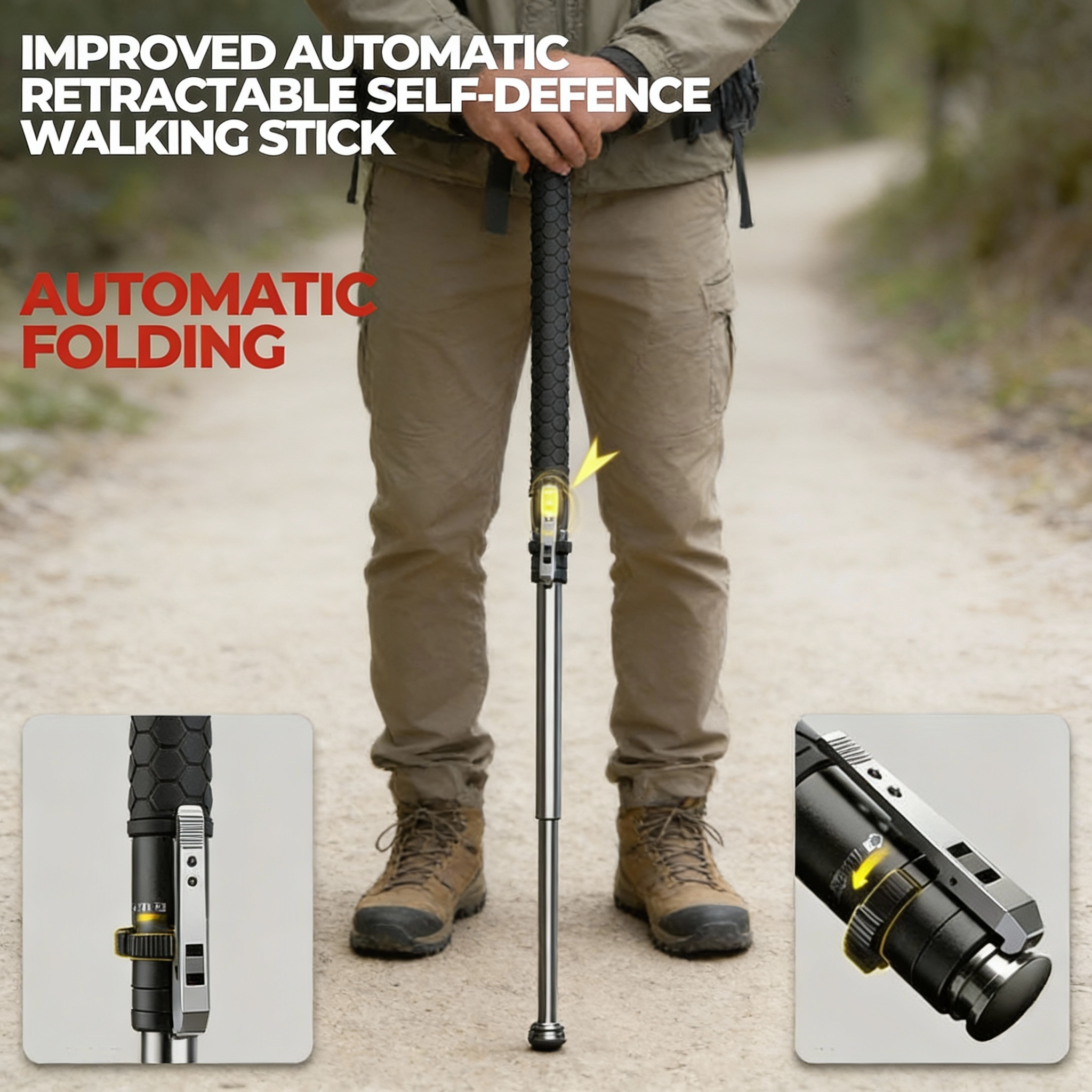 Automatic Hiking Pole with LED Light and Non-Slip Handle for Safety