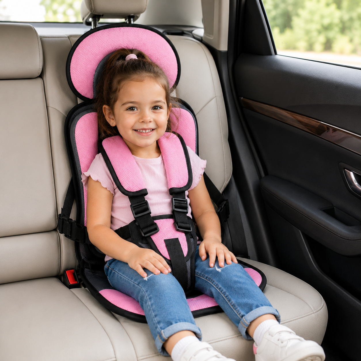 Portable Car Seat Booster with 5-Point Harness – Foldable for Travel
