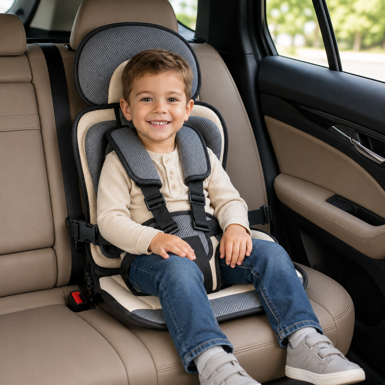Portable Car Seat Booster with 5-Point Harness – Foldable for Travel