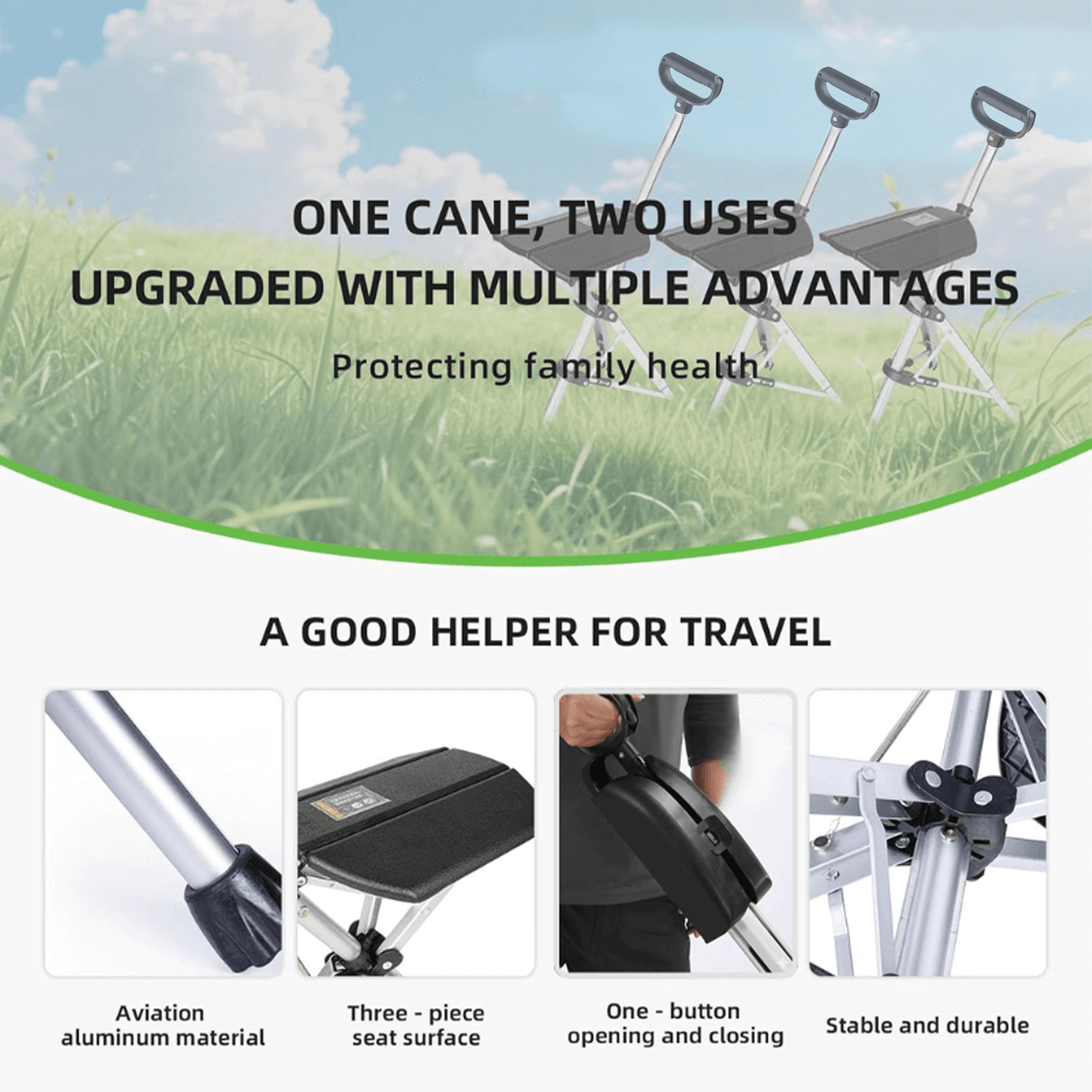 Portable Folding Walking Stick with Seat & Height Adjustment for Outdoors