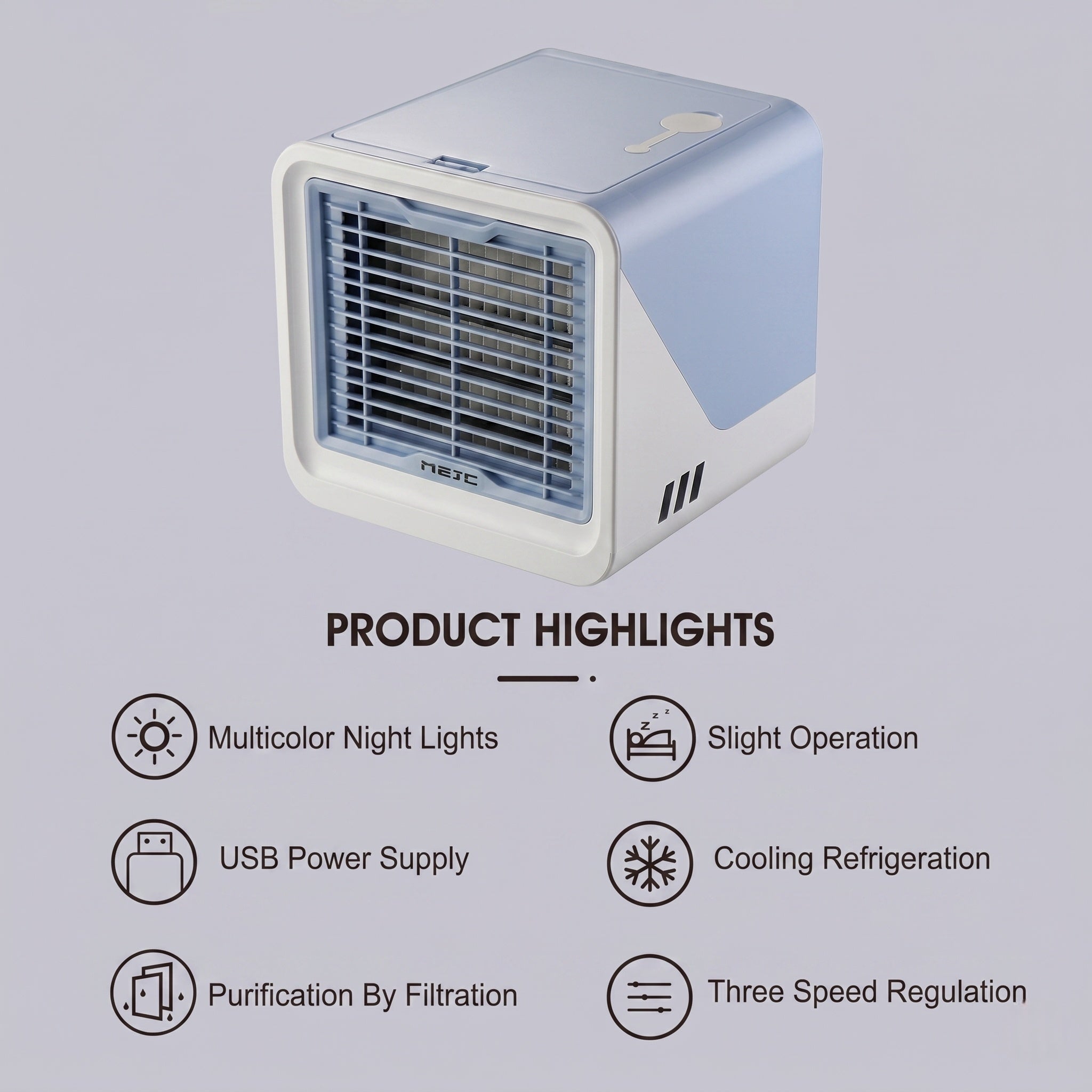 USB-Powered Mini Air Cooler Fan with 120° Airflow and 3 Speeds, Night Light