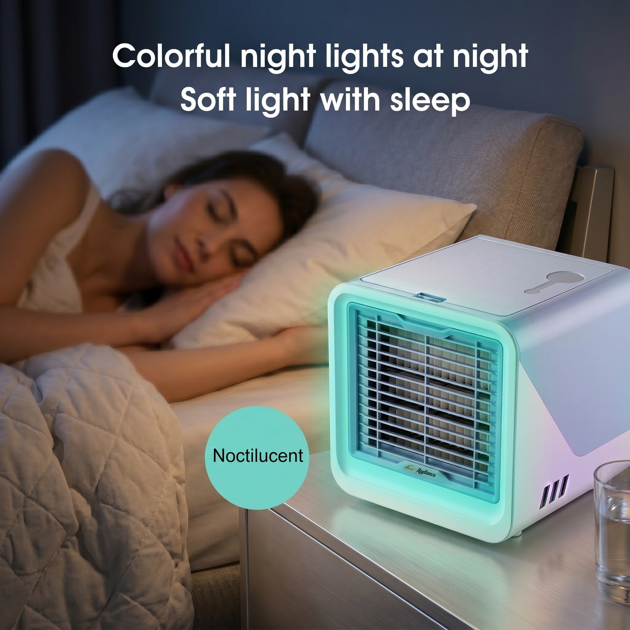 USB-Powered Mini Air Cooler Fan with 120° Airflow and 3 Speeds, Night Light