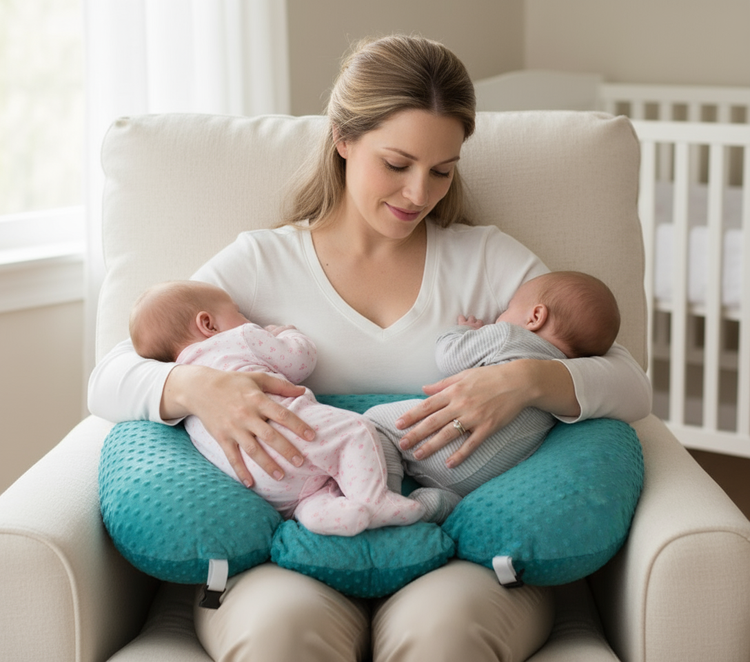 Ergonomic Twin Nursing Pillow for Tandem Feeding with Washable Cover