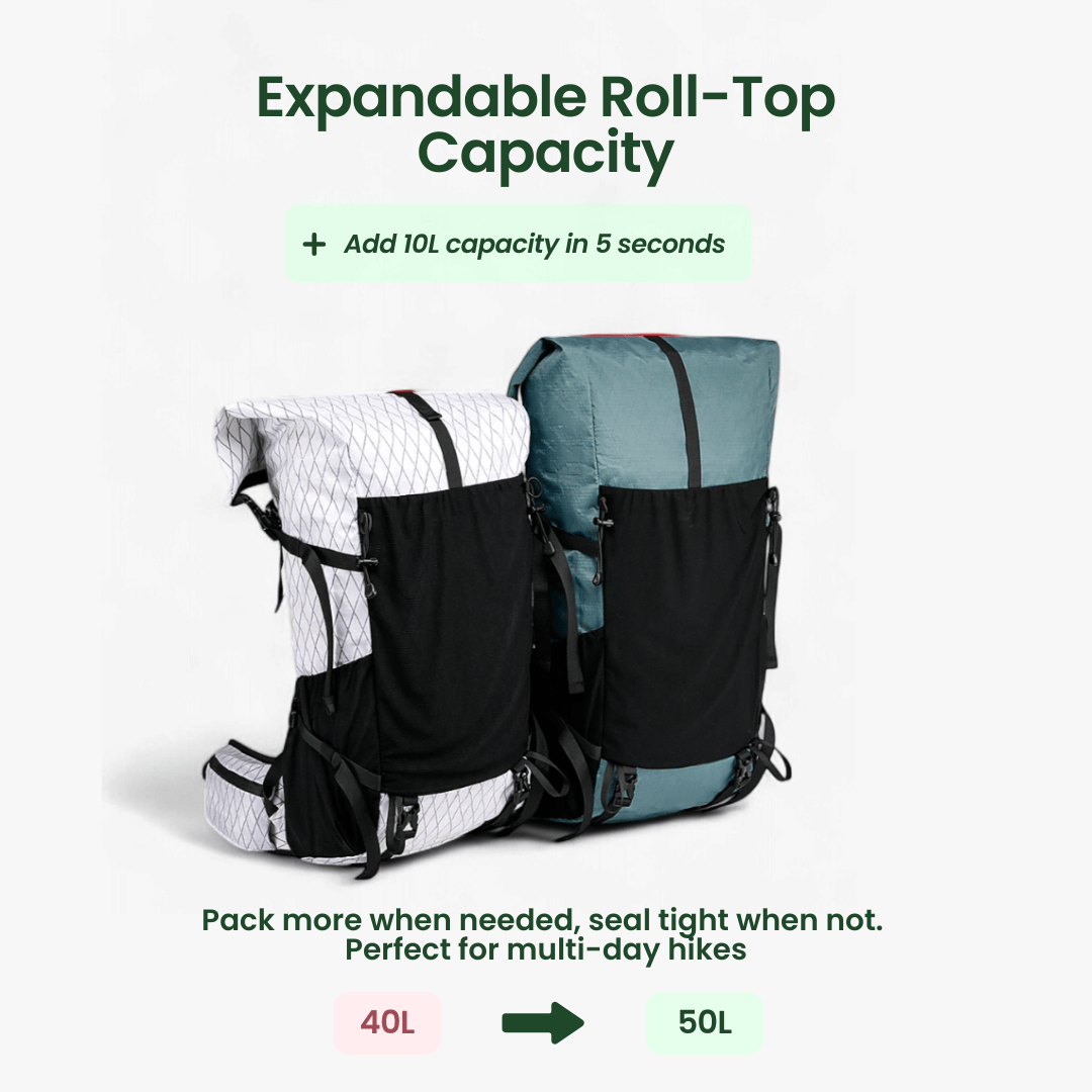TrailBlazer 50L Lightweight Expandable Backpack with Rolltop