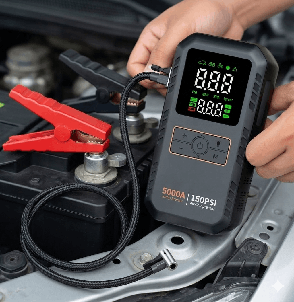 5000A Portable Jump Starter for Cars with Air Compressor and LED Light, 16000mAh