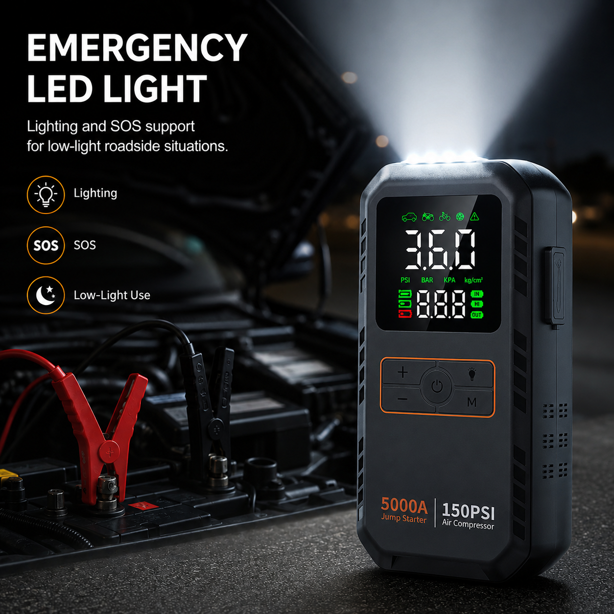 5000A Portable Jump Starter for Cars with Air Compressor and LED Light, 16000mAh