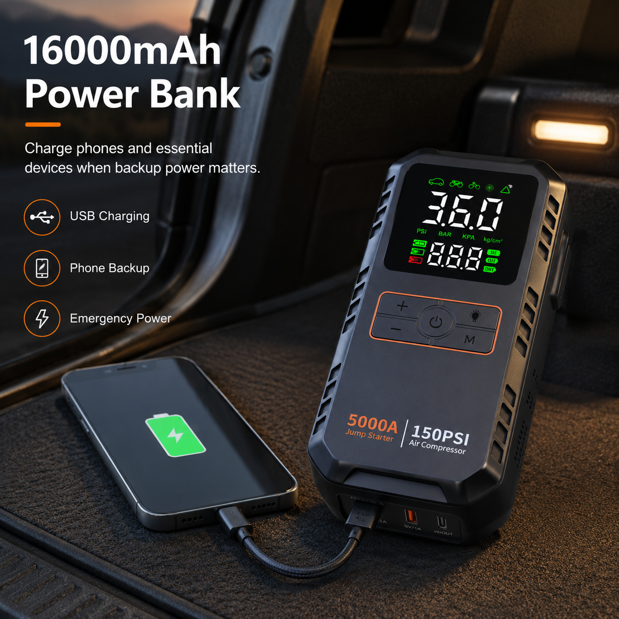 5000A Portable Jump Starter for Cars with Air Compressor and LED Light, 16000mAh