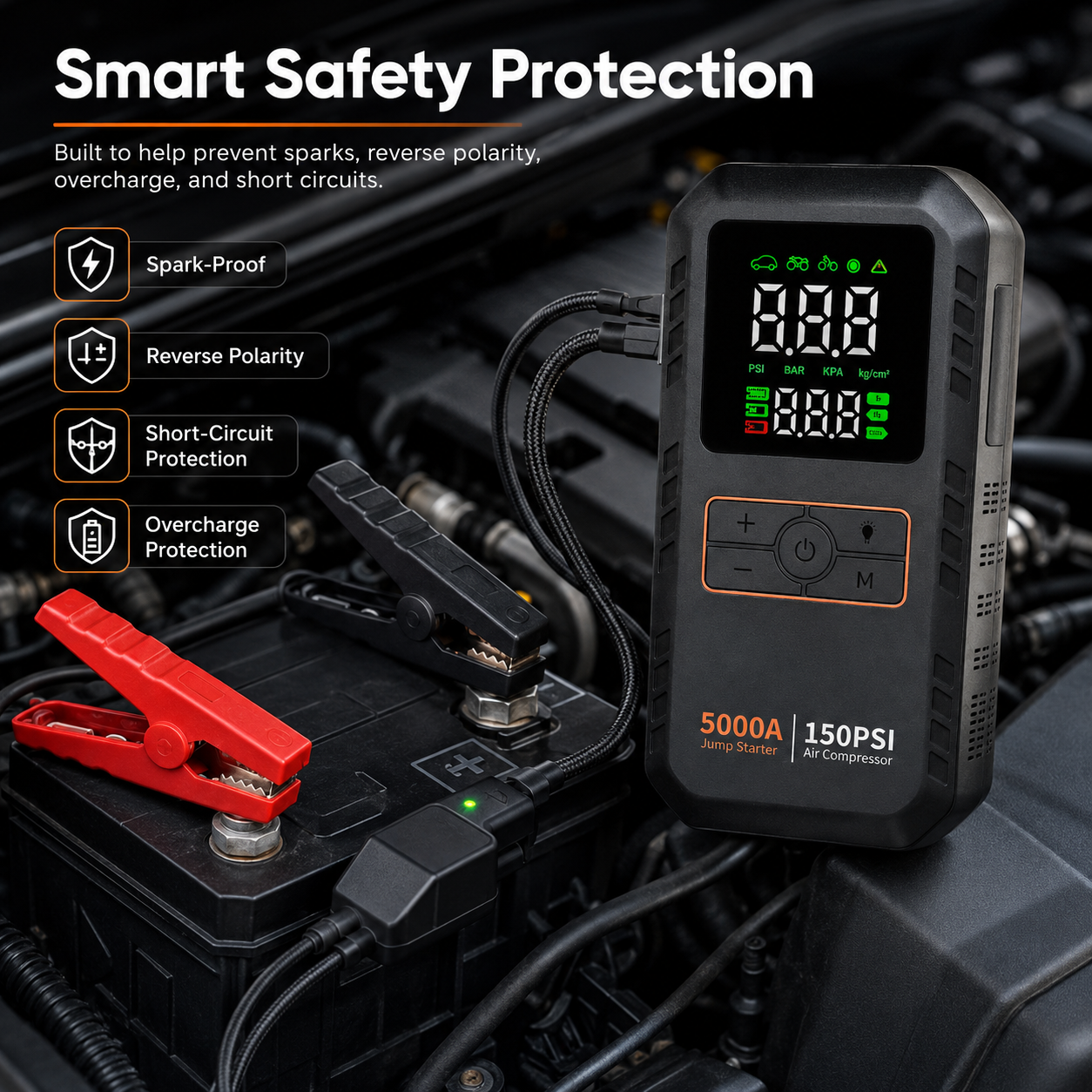 5000A Portable Jump Starter for Cars with Air Compressor and LED Light, 16000mAh