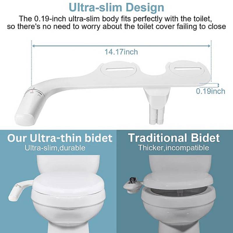 Slim Bidet Connector with Dual Nozzles and Adjustable Water Pressure for Standard Toilets