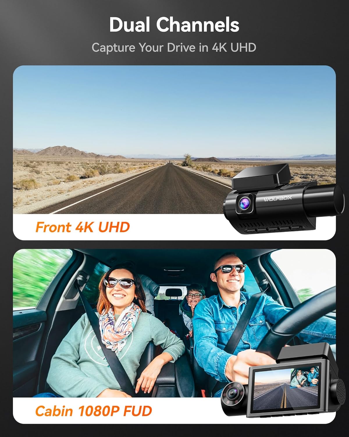 Triple Channel Car Camera - 4K Front, 1080P Rear & Cabin, Night Vision, GPS, WiFi, 32GB