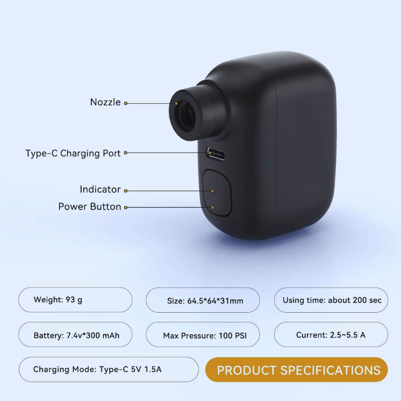 Compact USB-C Rechargeable Bike Pump with 100 PSI Power