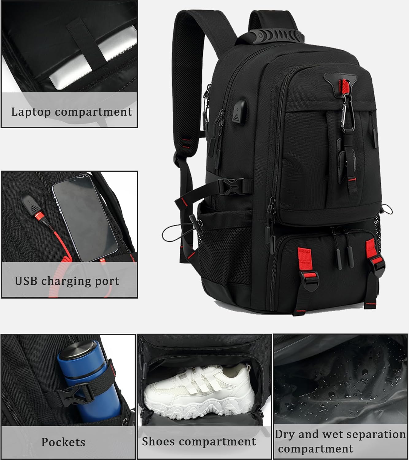 60L Waterproof Laptop Backpack with USB Port & Shoe Storage - Expandable Travel Bag