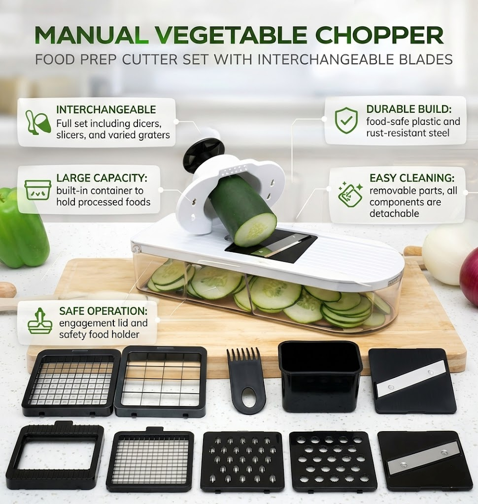 Manual Vegetable Chopper Set with 7 Blades – Versatile Food Prep Tool