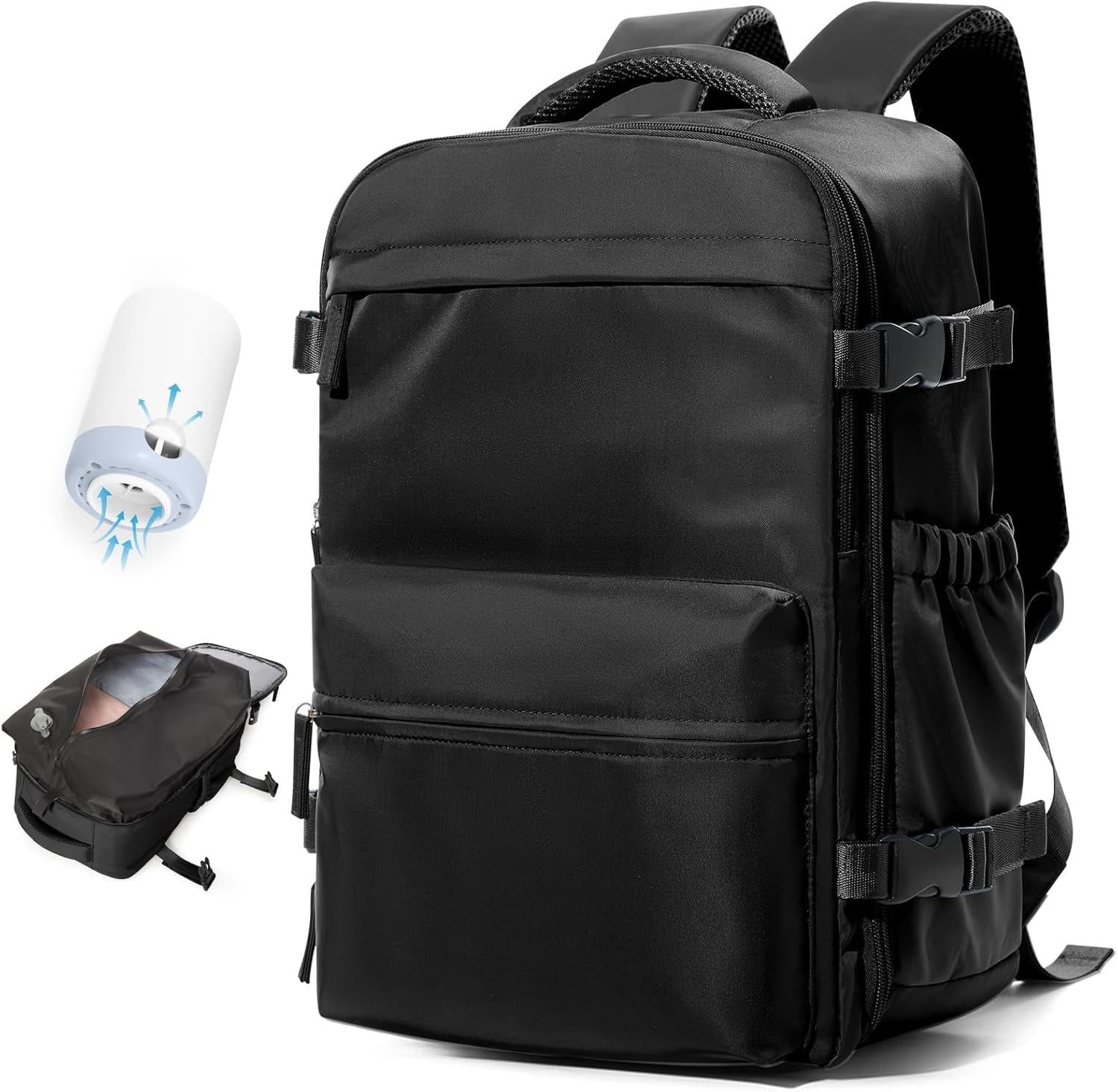 Water-Repellent Oxford Travel Backpack with Vacuum Compression for 17" Laptop and USB Pump