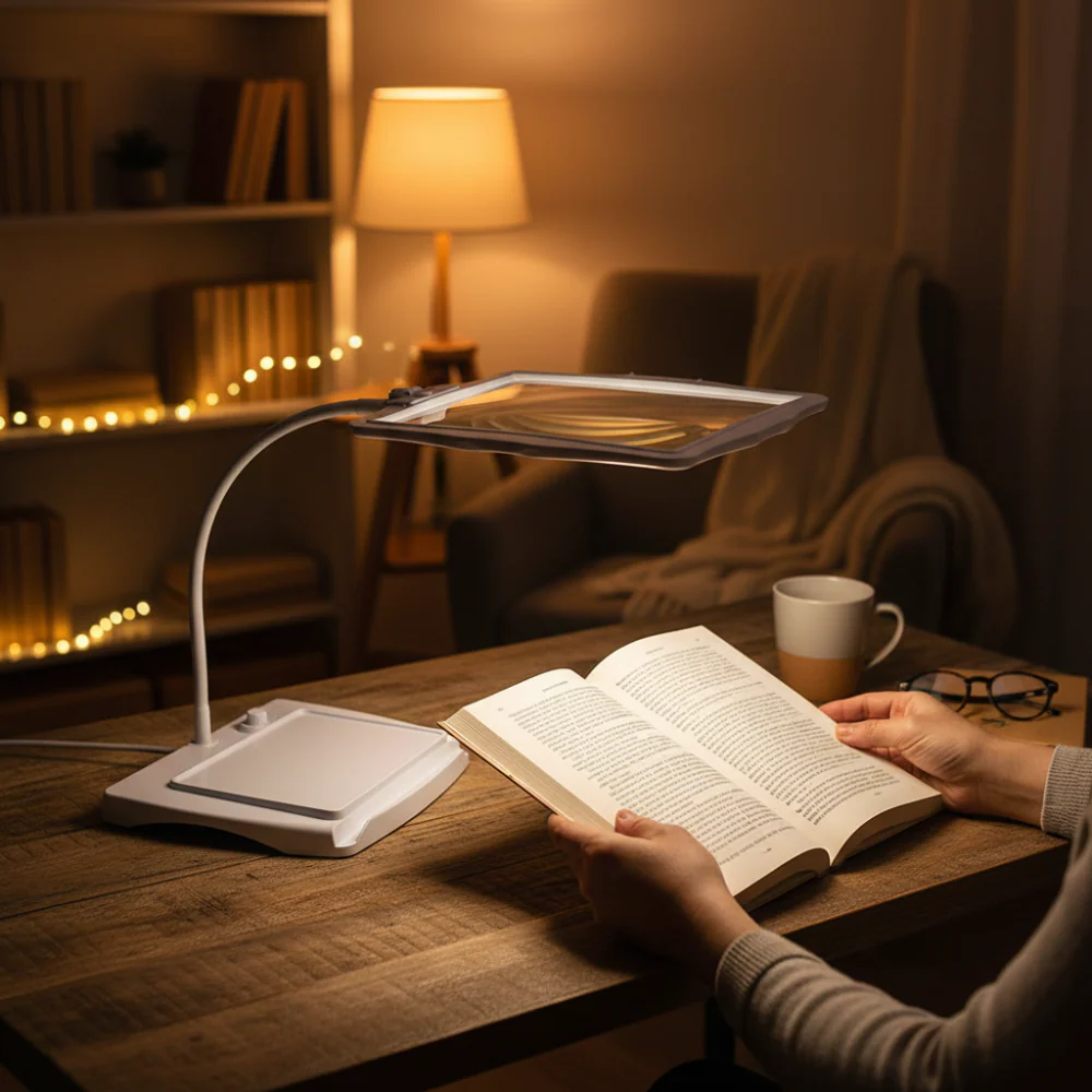 Magnifying Lens Desk Lamp with Adjustable Brightness for Reading
