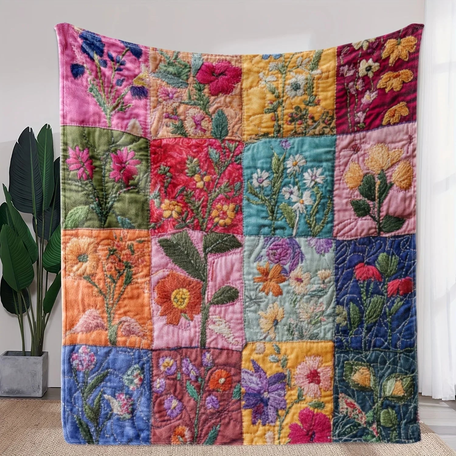 Floral Patchwork Blanket with Embroidery – Soft Flannel for All Seasons