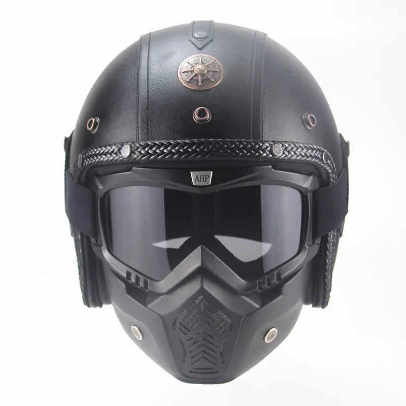 Classic Open Face Motorcycle Helmet with Removable Goggles and Mask