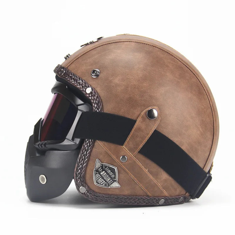 Classic Open Face Motorcycle Helmet with Removable Goggles and Mask