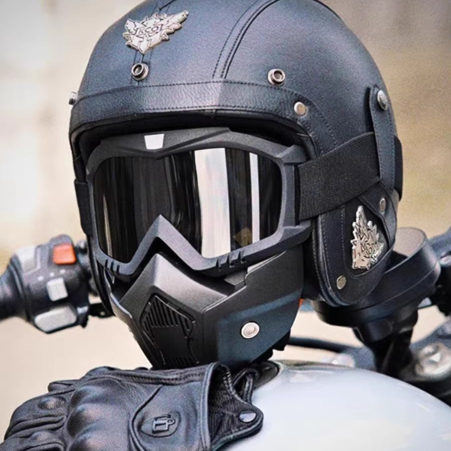 Classic Open Face Motorcycle Helmet with Removable Goggles and Mask