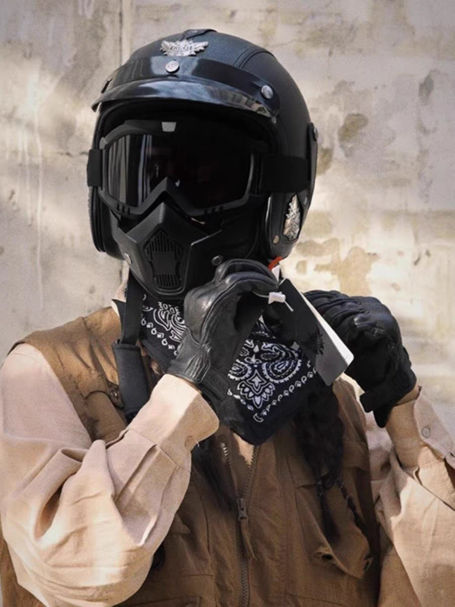 Classic Open Face Motorcycle Helmet with Removable Goggles and Mask