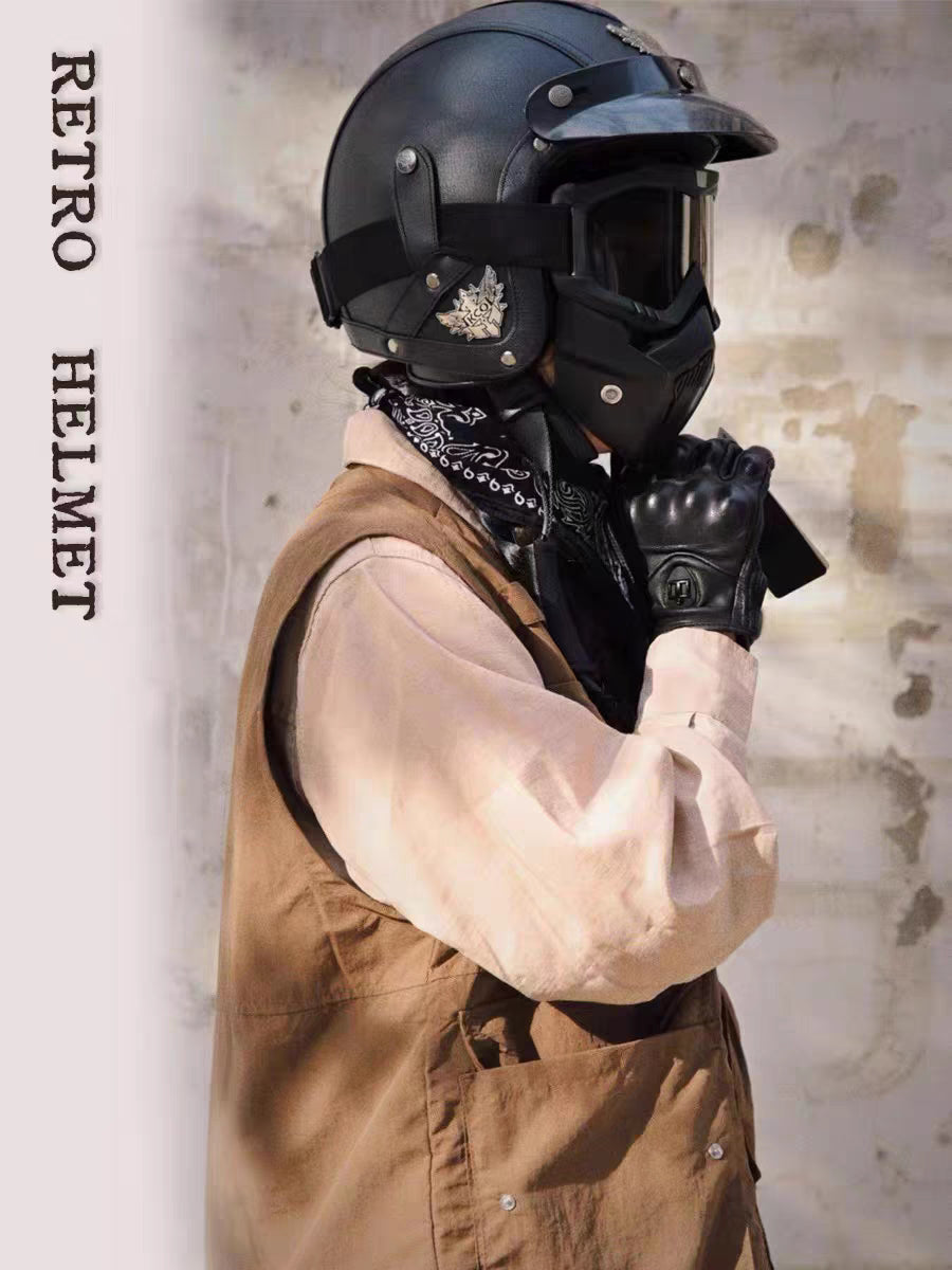 Classic Open Face Motorcycle Helmet with Removable Goggles and Mask