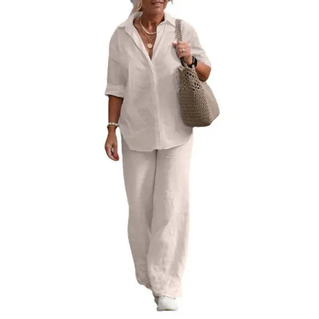Women’s Linen Two-Piece Set | Button-Down Shirt & Wide-Leg Pants | Breathable Linen Fabric | Comfortable Fit