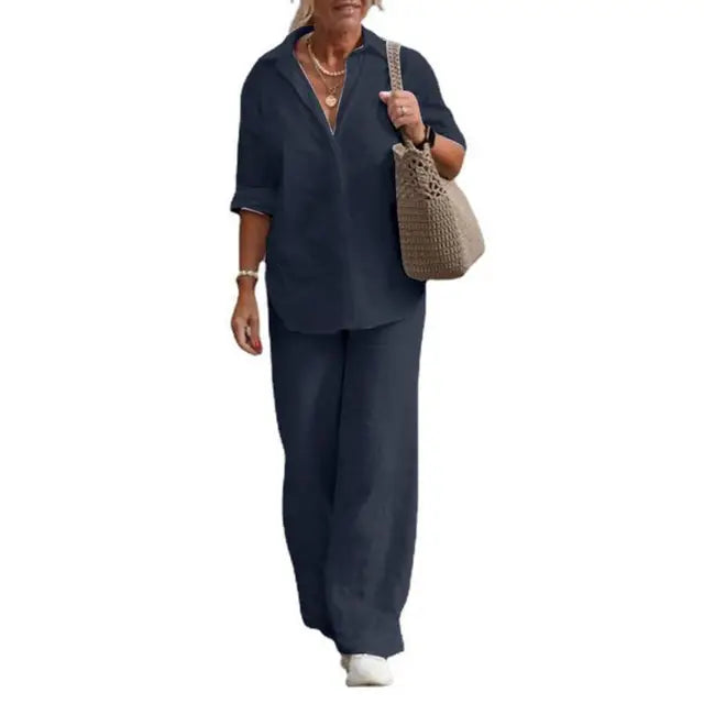 Women’s Linen Two-Piece Set | Button-Down Shirt & Wide-Leg Pants | Breathable Linen Fabric | Comfortable Fit
