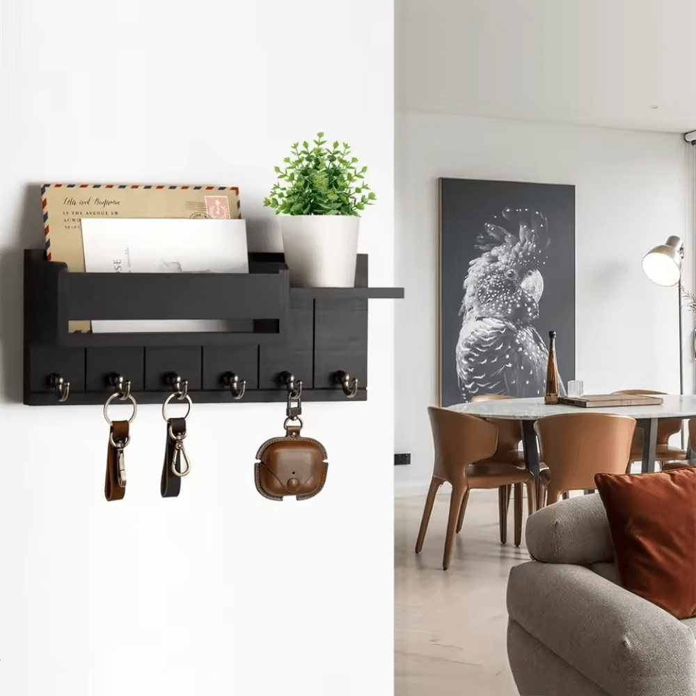 TimberCraft Wooden Wall Organizer with Hooks and Mail Slot