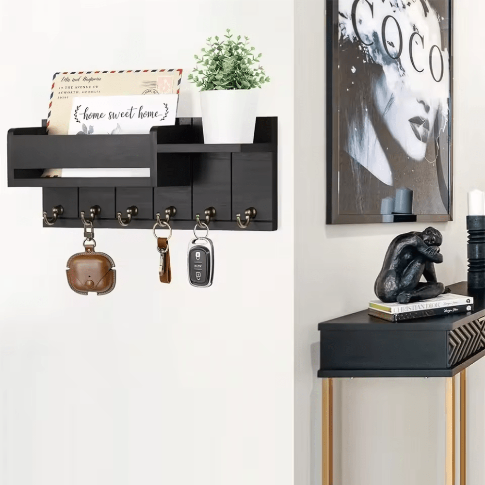 TimberCraft Wooden Wall Organizer with Hooks and Mail Slot